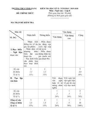 Đề kiểm tra học kỳ II môn Ngữ văn Lớp 8 - Năm học 2019-2020 - Trường THCS Vinh Giang (Có đáp án)